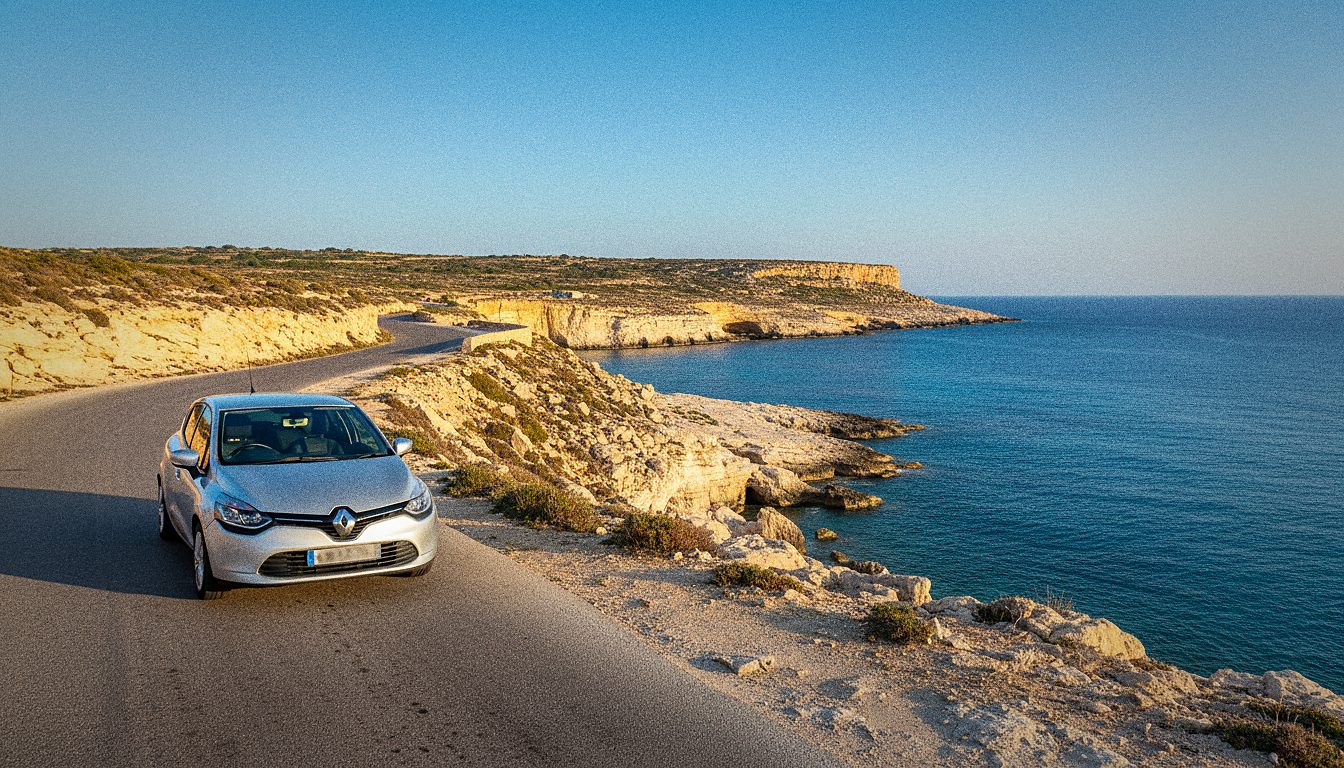 Hire car on a coastal road above the Malta shoreline