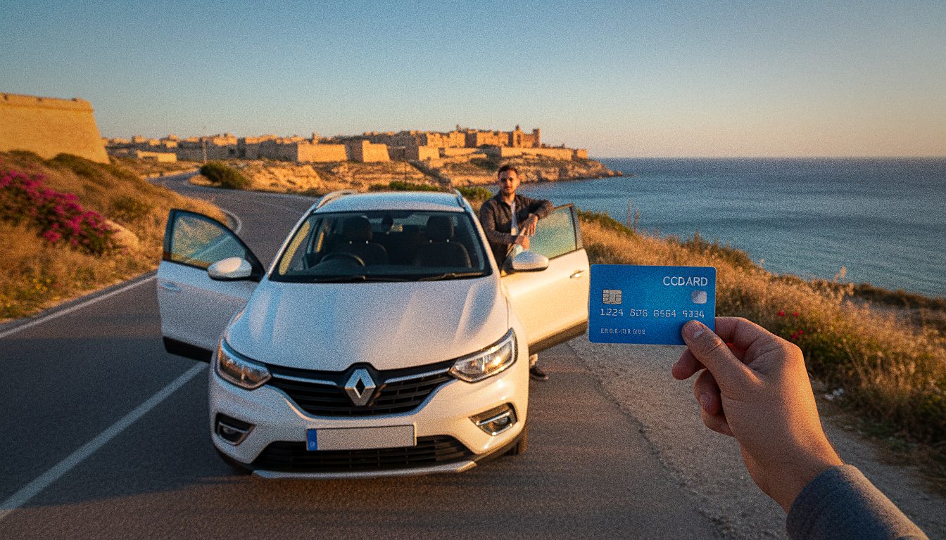 Traveller holding a debit card beside a rental car in Malta
