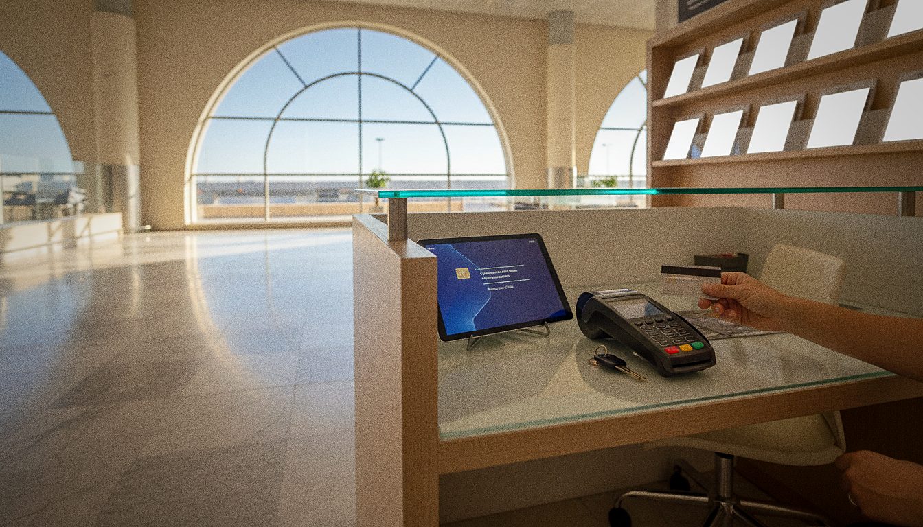 Paying for a car rental with a debit card at a Malta Airport counter