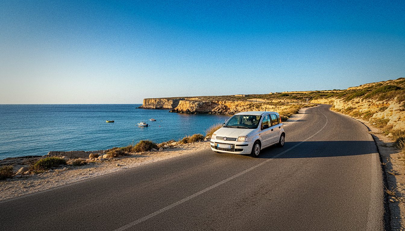 Rental car on a coastal road in Malta