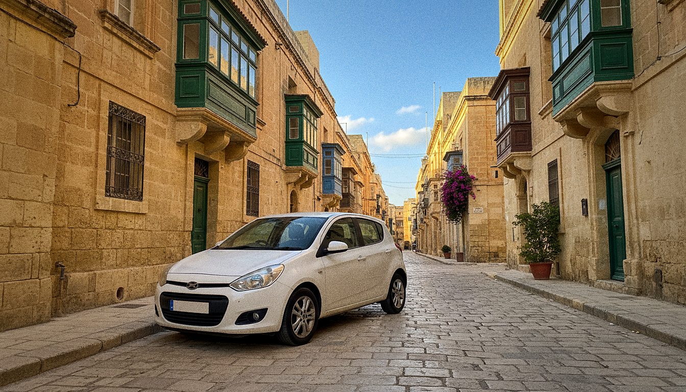 Rental car on a street in Valletta, Malta